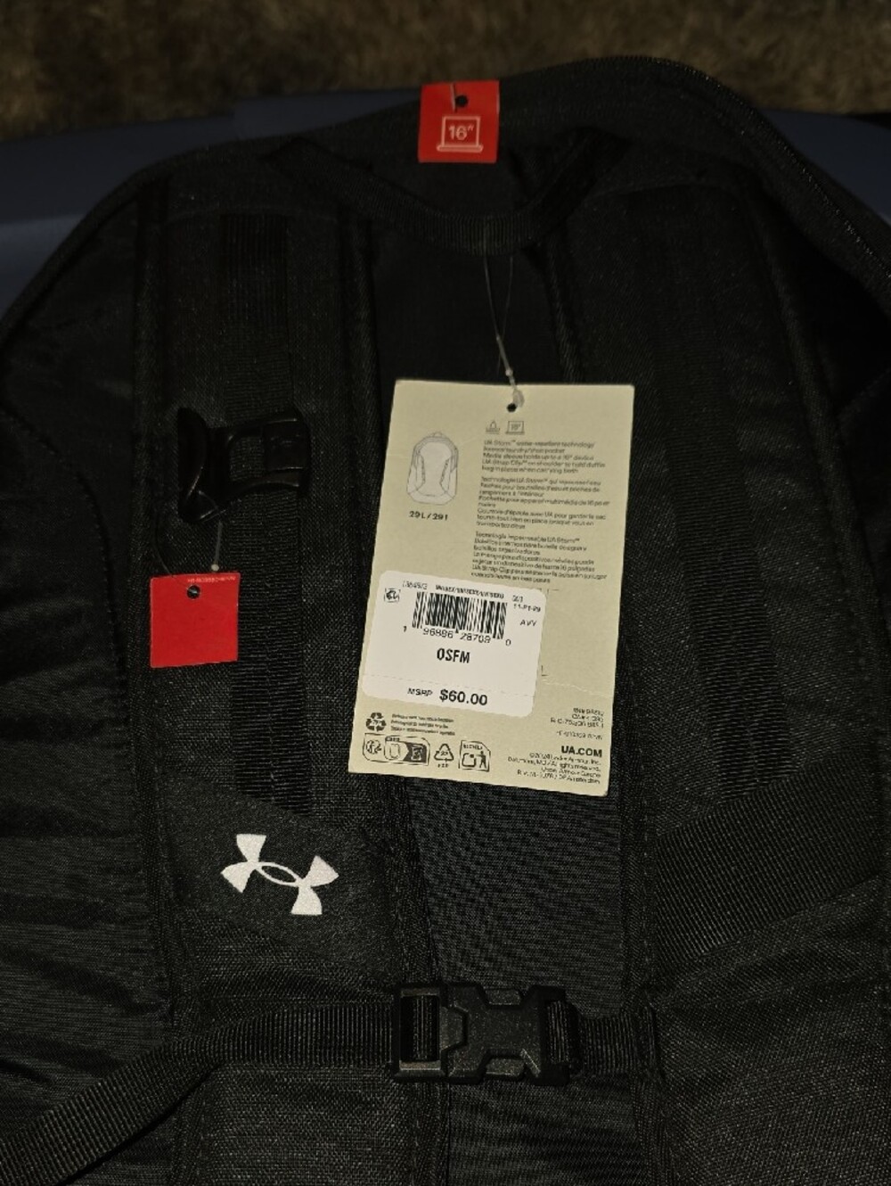 Under Armour Black Backpack with White Logo - Rugged Everyday Pack - Picture 7 of 9